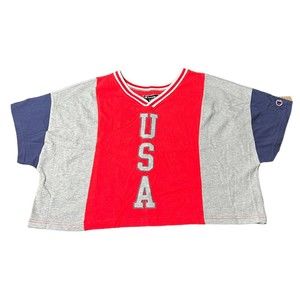 Champion Logo USA Stitched Red/Blue Crop Top Olympic Team Shirt Women’s Size L